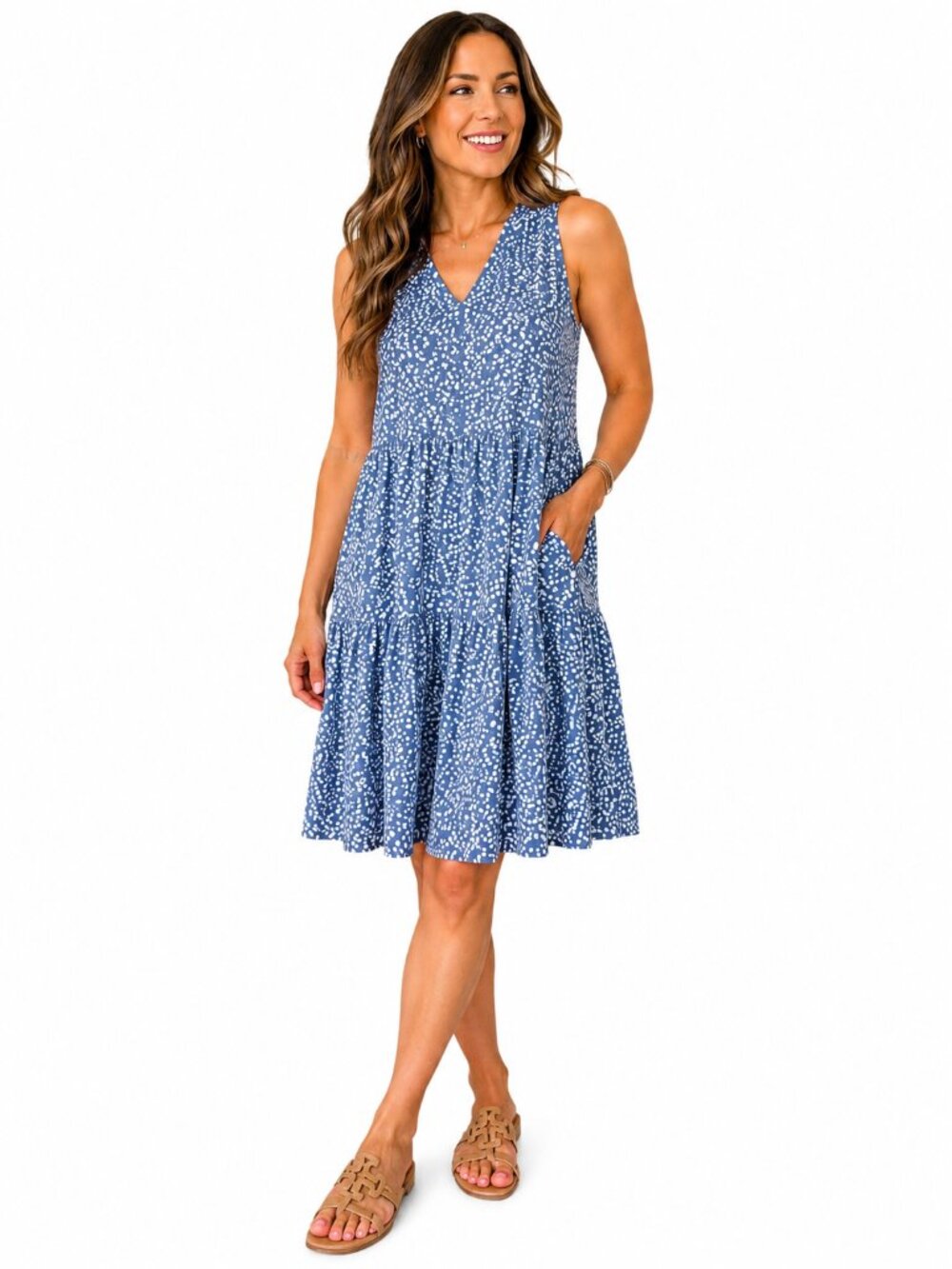 Matty M Blue White Speckled Tiered Linen Blend Dress L